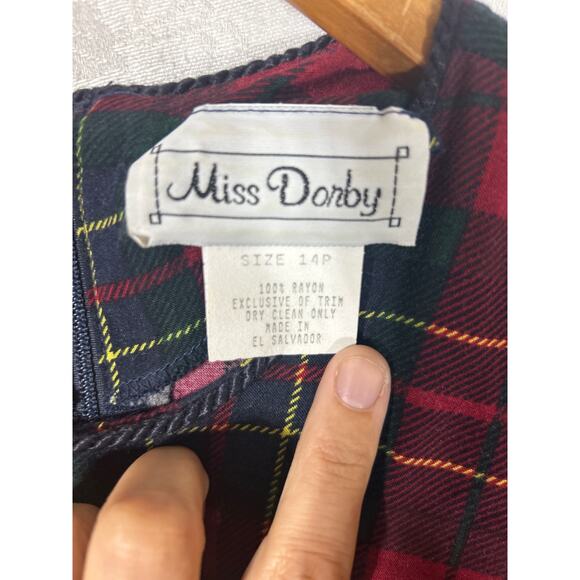 VTG Miss Dorby Dress 14 PETITE Tartan Plaid Midi Button Detail Cummerbund Mutton - Picture 7 of 15